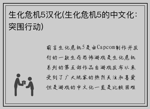 生化危机5汉化(生化危机5的中文化：突围行动)